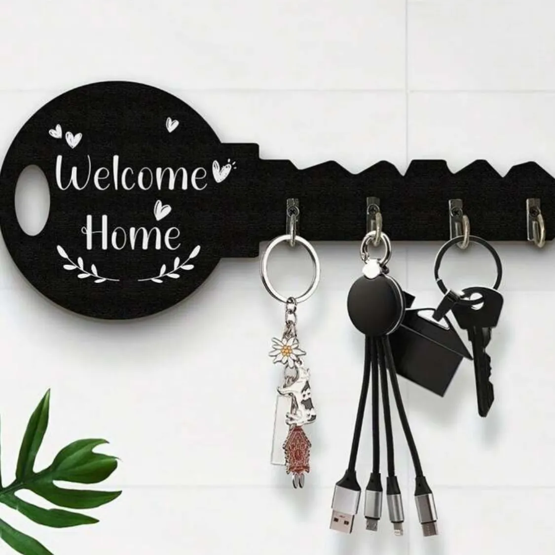 Wooden 'Home' Wall Key Holder with Hooks