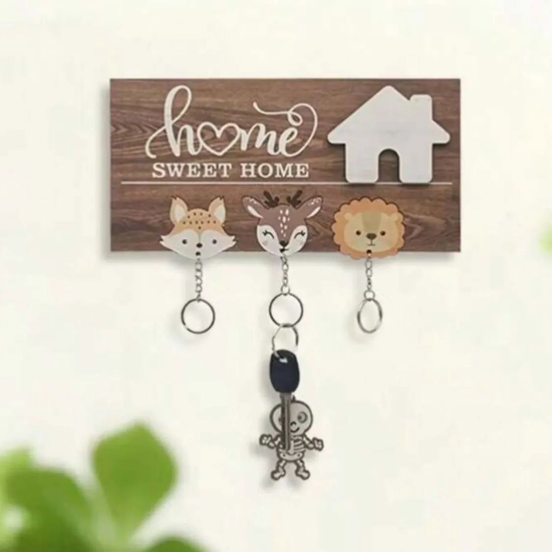 Wooden 'Home' Wall Key Holder with Hooks