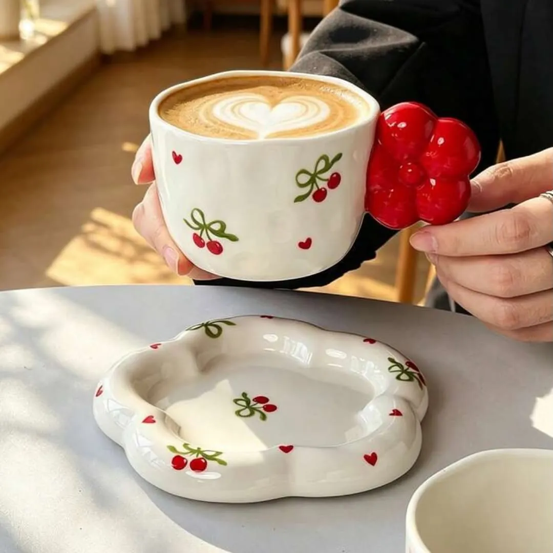 Heart Pattern Ceramic Cup and Saucer Set