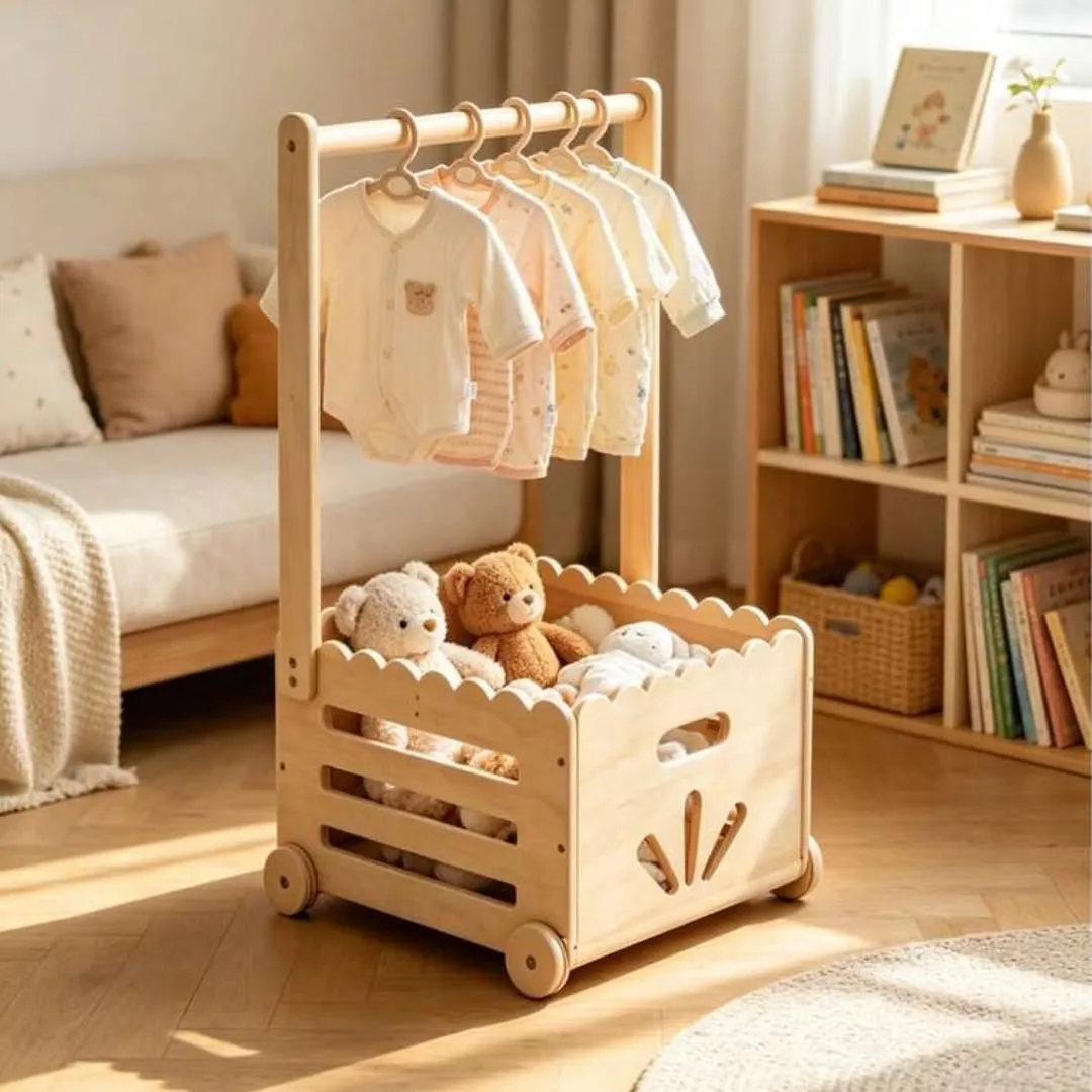 Wooden Children's Clothing Rack with Toy Bin