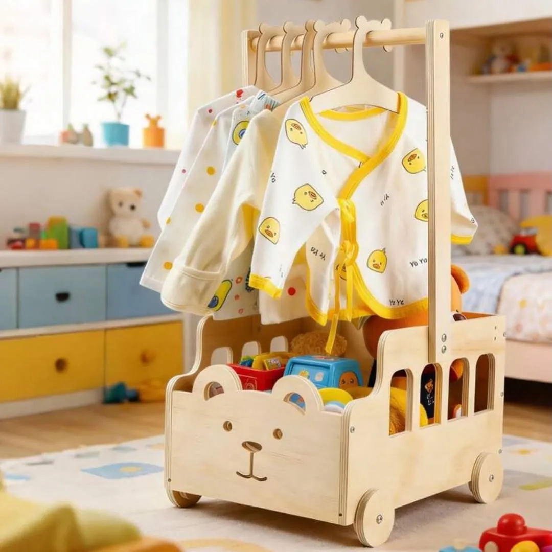 Wooden Children's Clothing Rack with Toy Bin