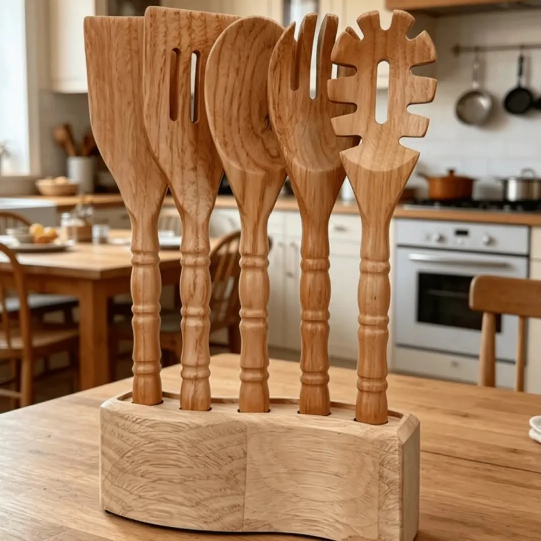 Wooden Kitchen Utensil Set with Holder