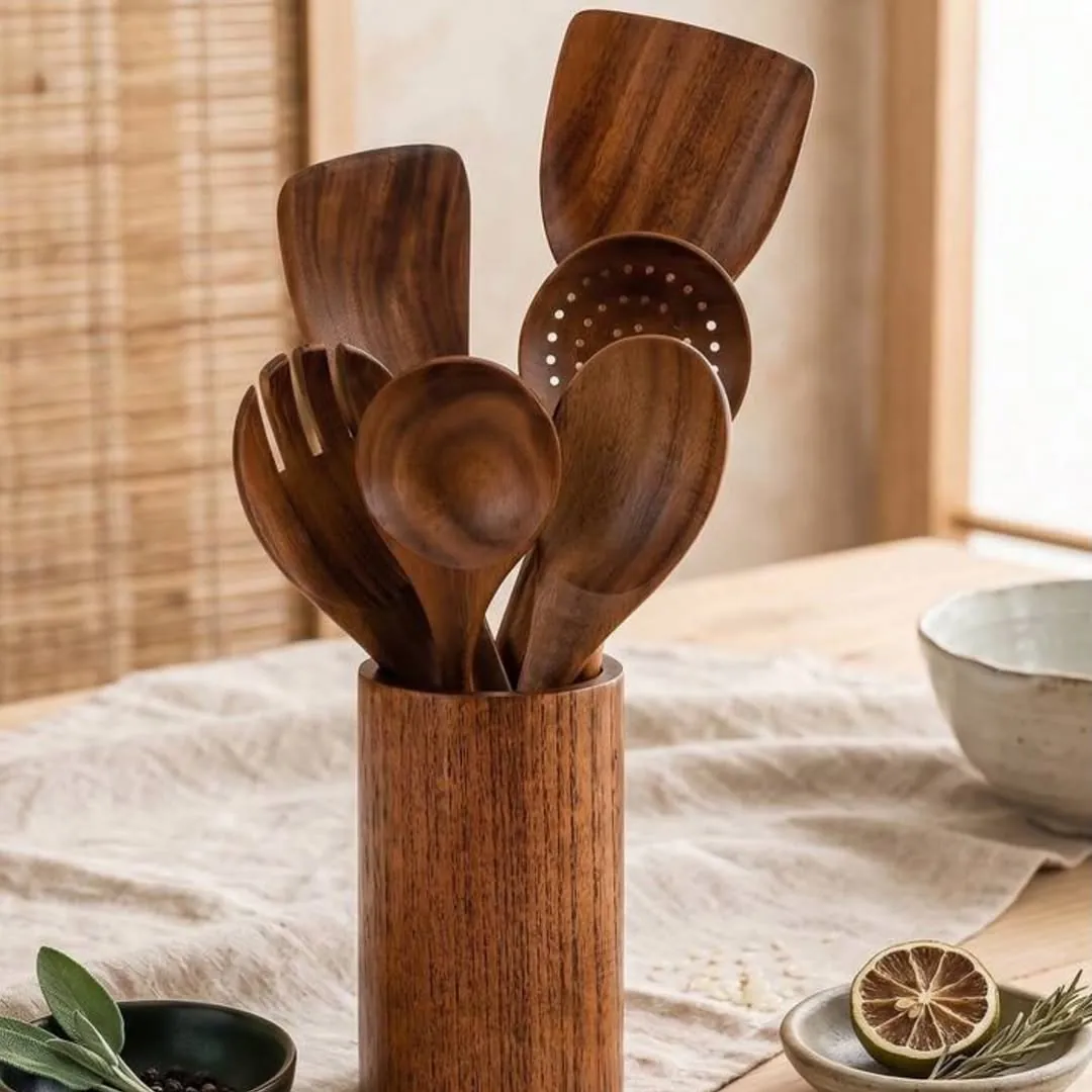 Wooden Kitchen Utensil Set with Holder