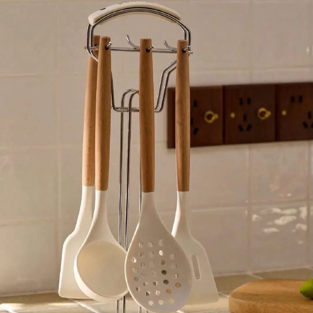 Wooden Kitchen Utensil Set with Holder