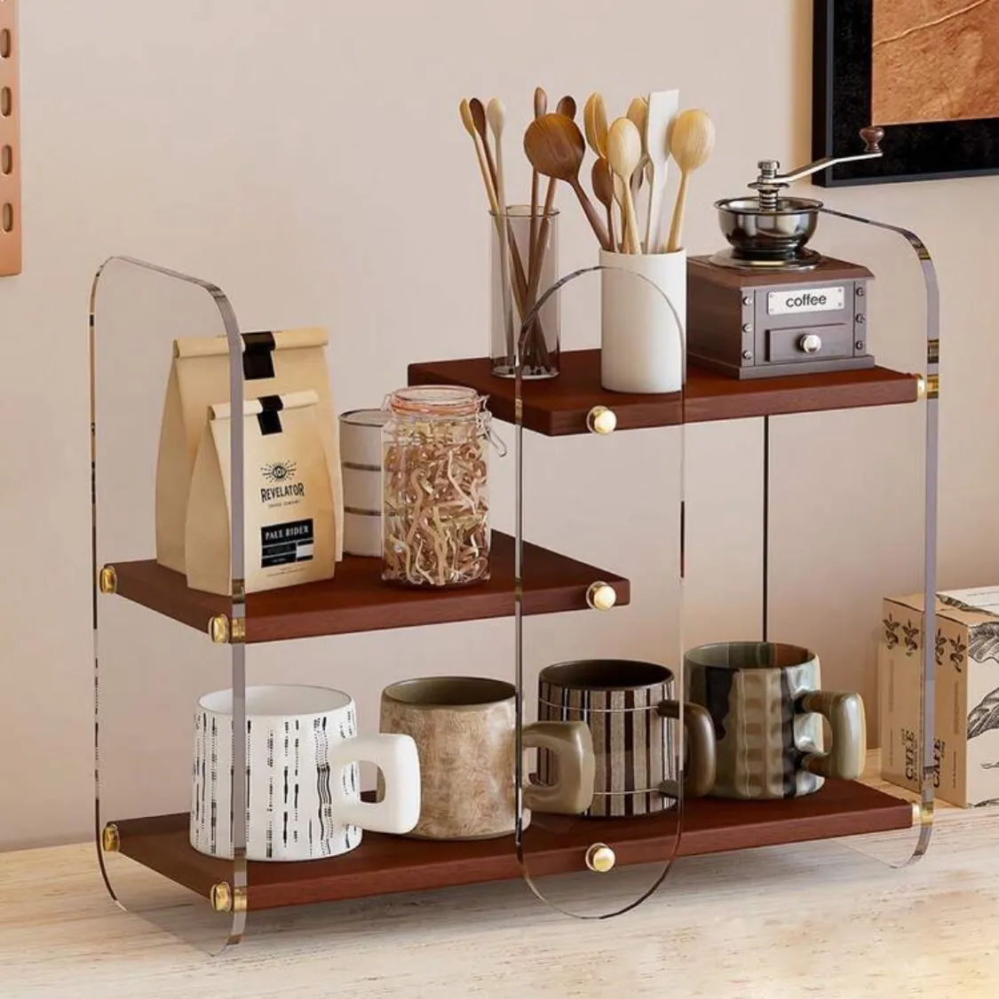 Wooden Kitchen Shelf with Acrylic Supports