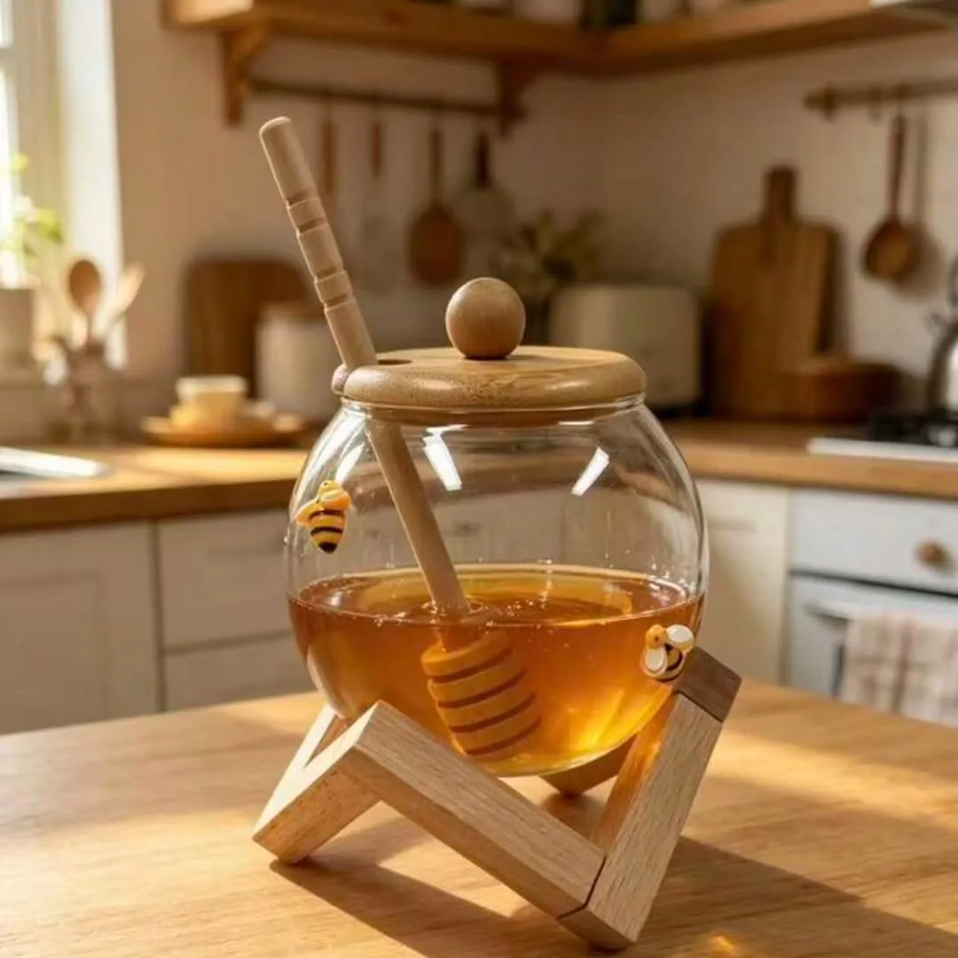 Honey Jar with Wooden Stand and Dipper