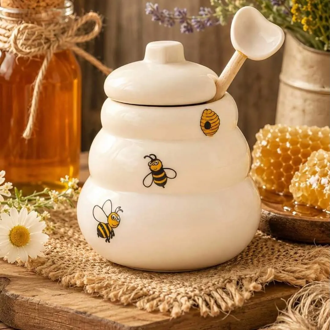 Honey Jar with Wooden Stand and Dipper