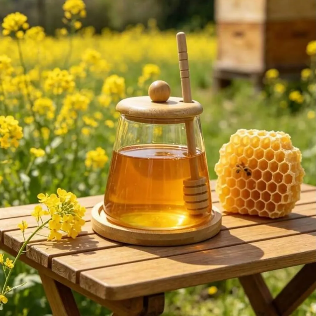 Honey Jar with Wooden Stand and Dipper