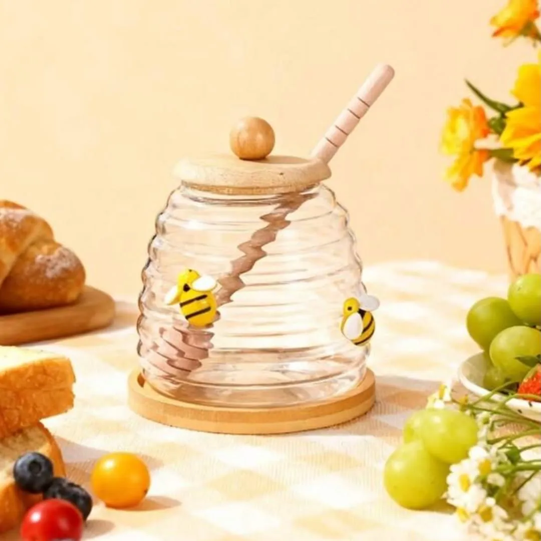 Honey Jar with Wooden Stand and Dipper