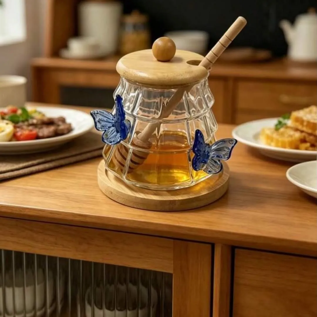 Honey Jar with Wooden Stand and Dipper