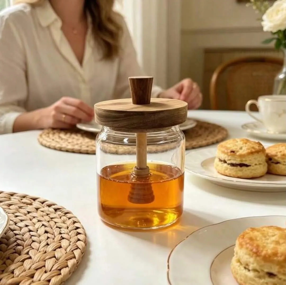 Honey Jar with Wooden Stand and Dipper