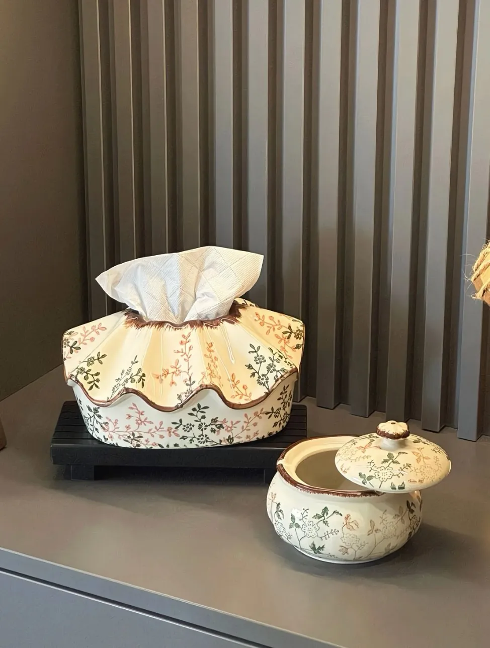 Floral Ceramic Tissue Box and Jar Set