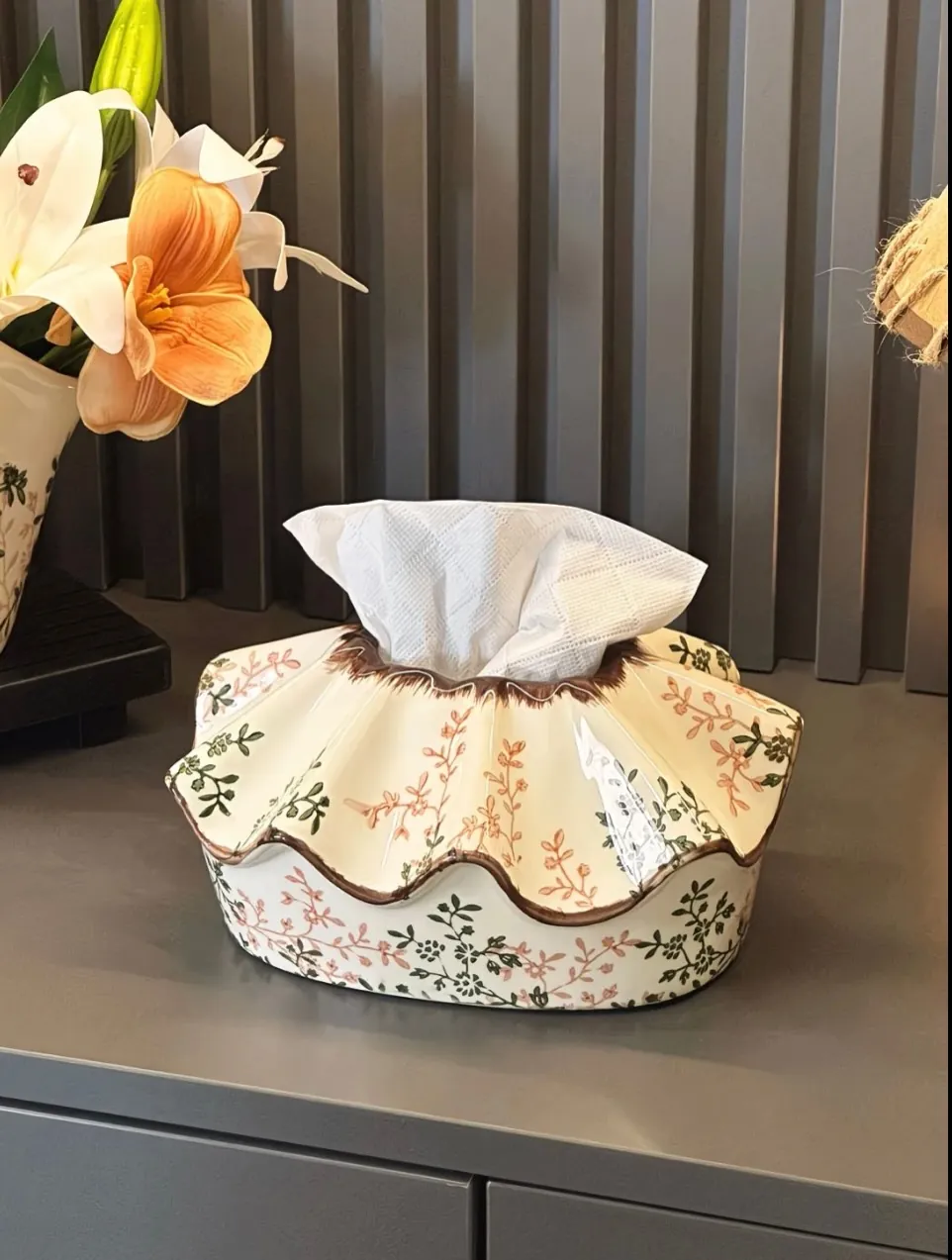 Floral Ceramic Tissue Box and Jar Set