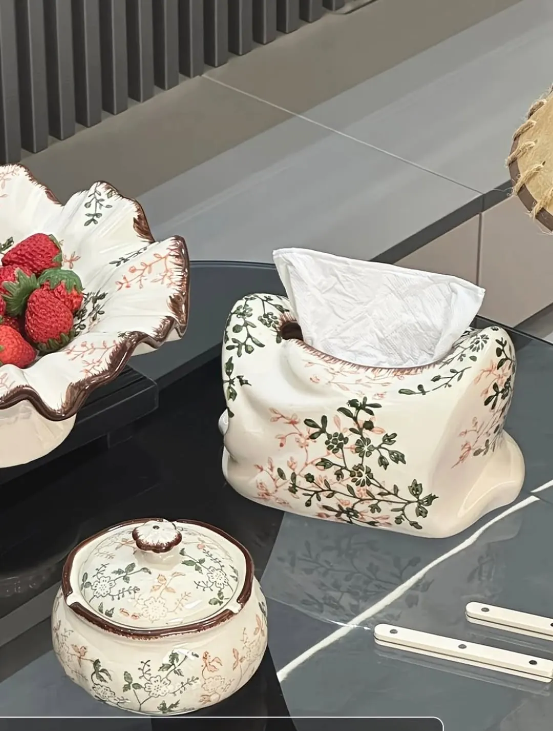 Floral Ceramic Tissue Box and Jar Set