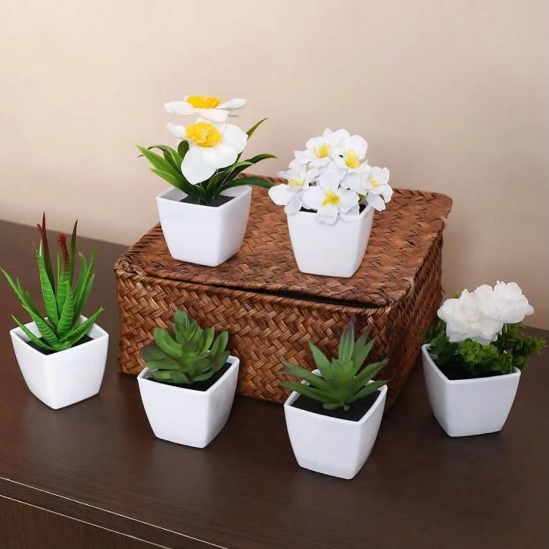 Decorative Artificial Green Plants in White Pots