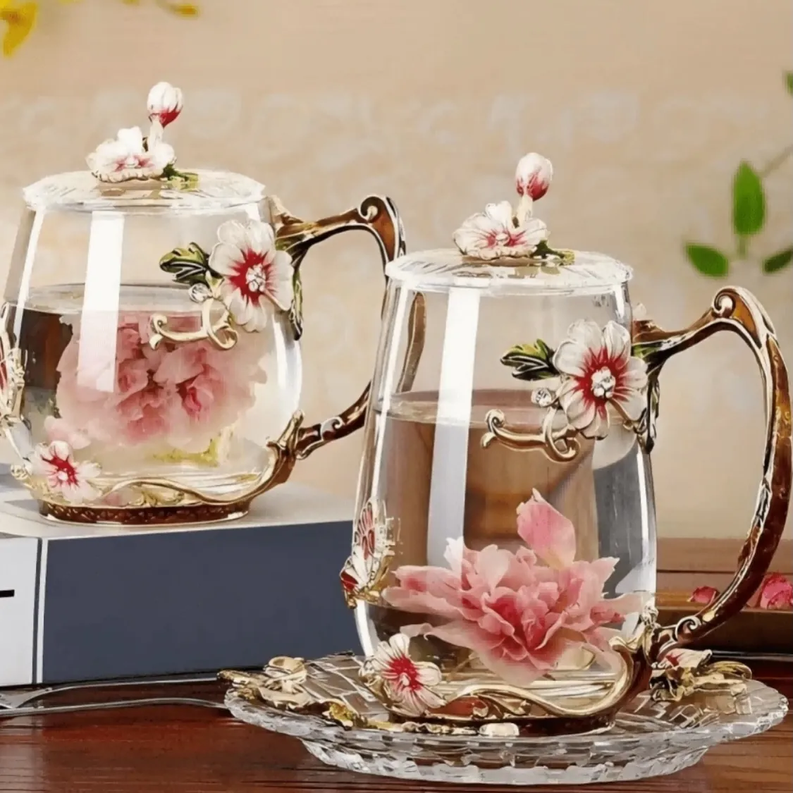 Floral Decorative Glass Teacup Set
