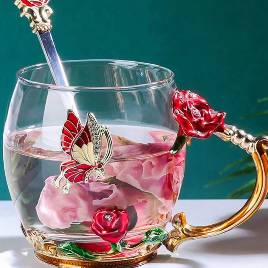 Floral Decorative Glass Teacup Set