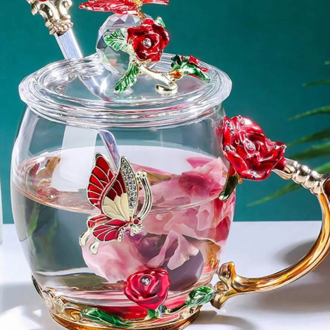 Floral Decorative Glass Teacup Set