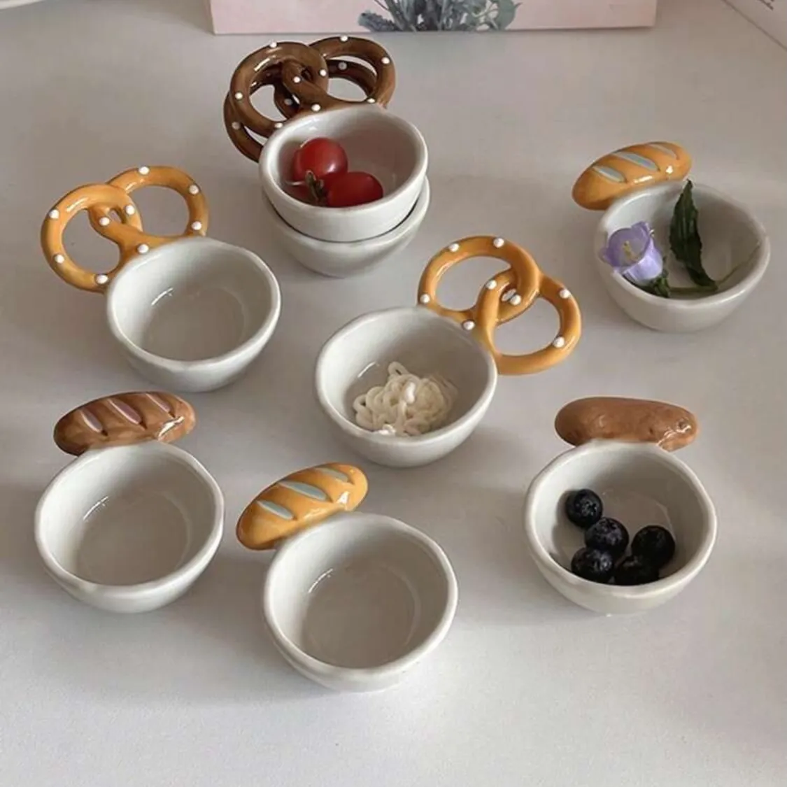 Ceramic Mini Bowls with Bread and Pretzel Handles
