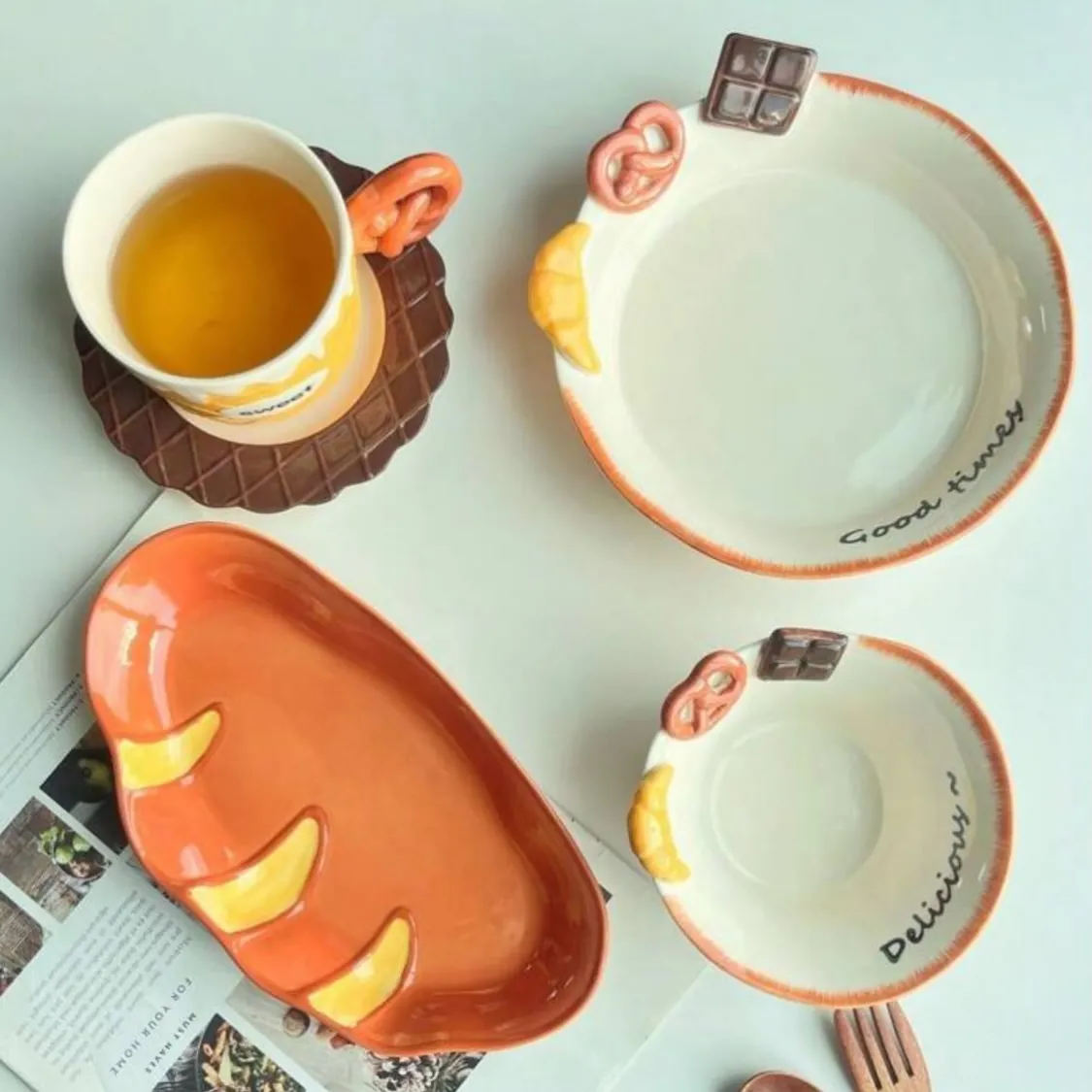 Ceramic Mini Bowls with Bread and Pretzel Handles