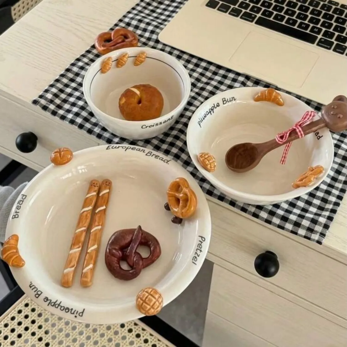 Ceramic Mini Bowls with Bread and Pretzel Handles