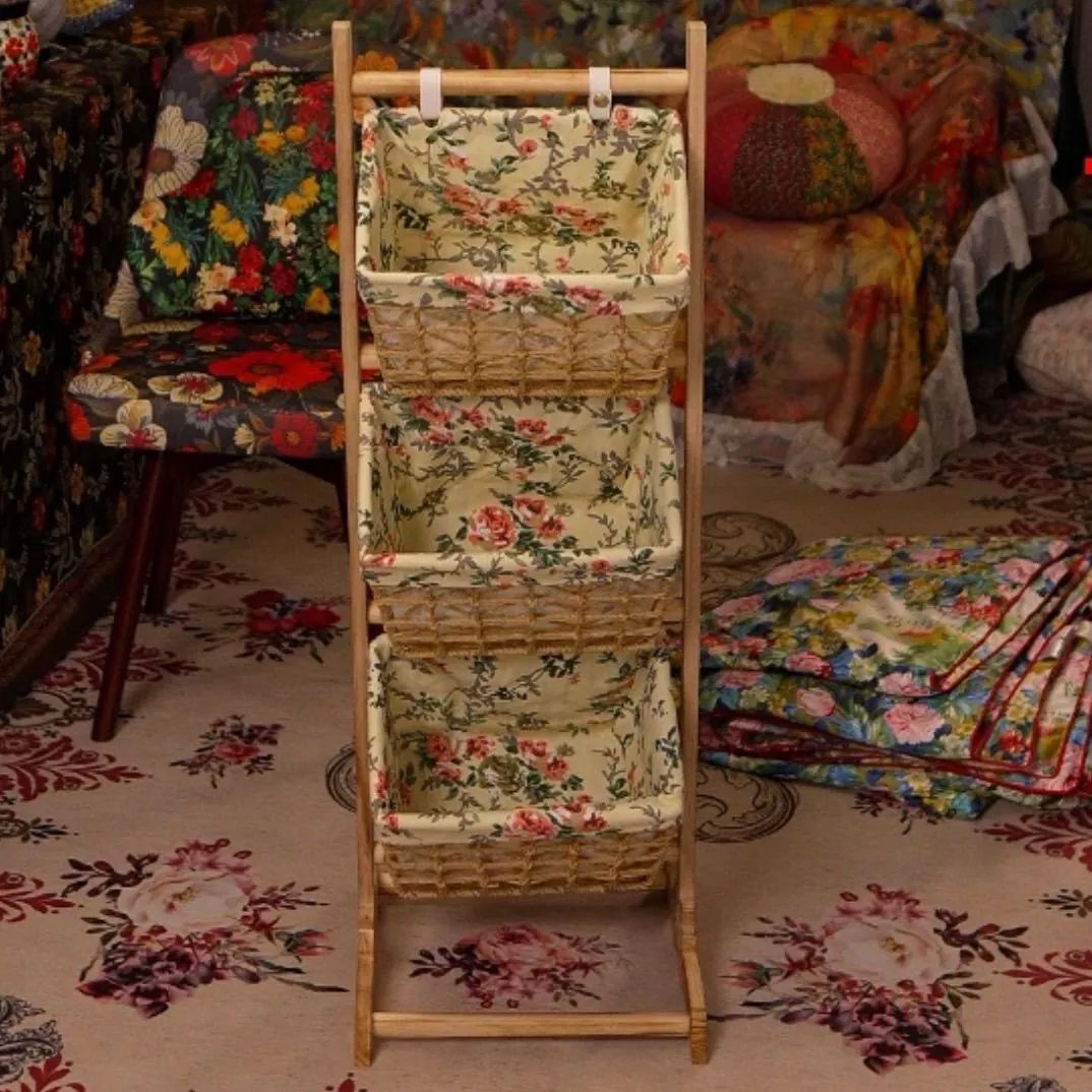 Floral Fabric Storage Baskets with Wooden Stand