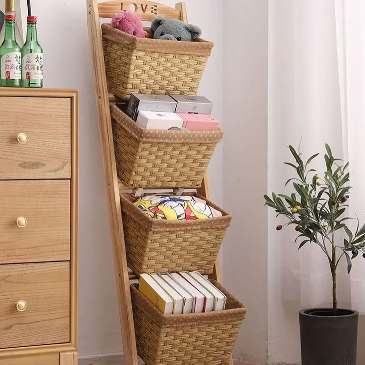 Floral Fabric Storage Baskets with Wooden Stand