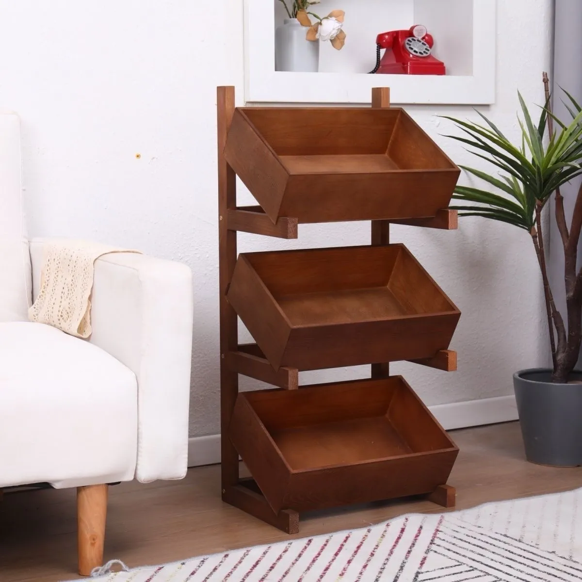 Floral Fabric Storage Baskets with Wooden Stand