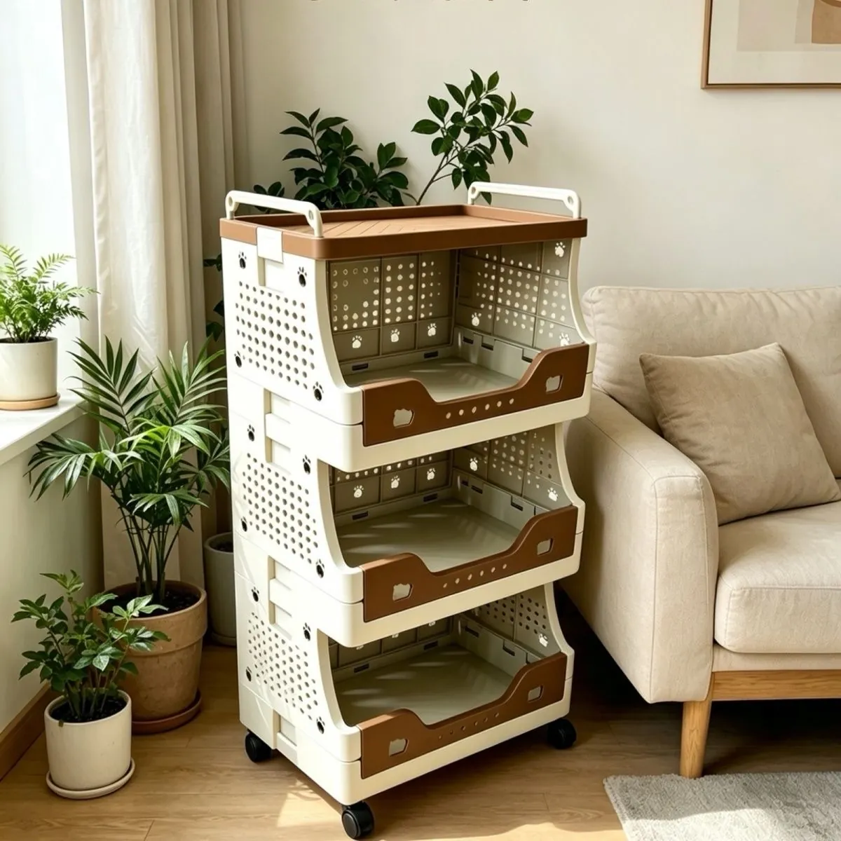 Floral Fabric Storage Baskets with Wooden Stand