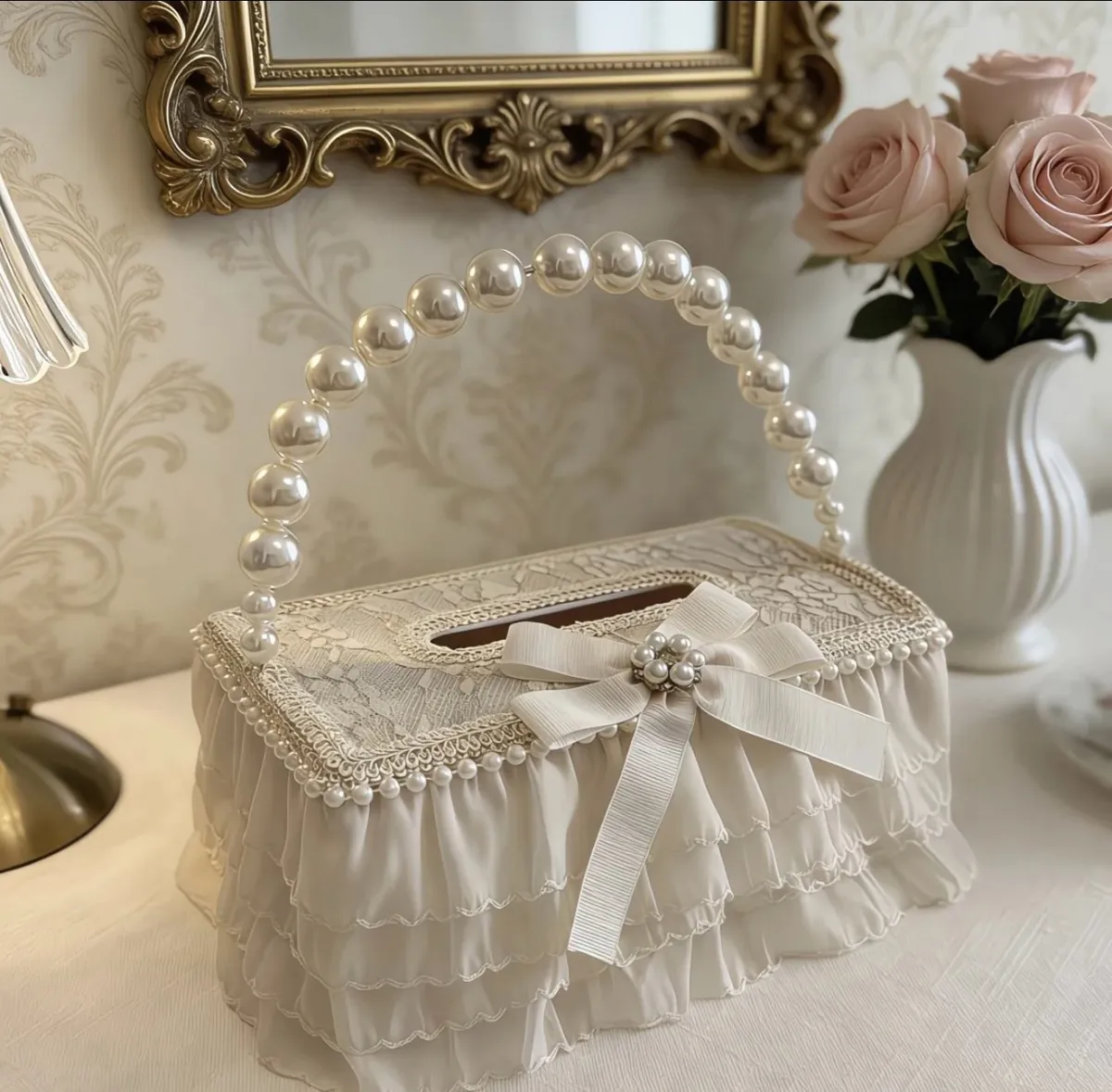 Luxury Lace Tissue Box Cover with Pearl Handle