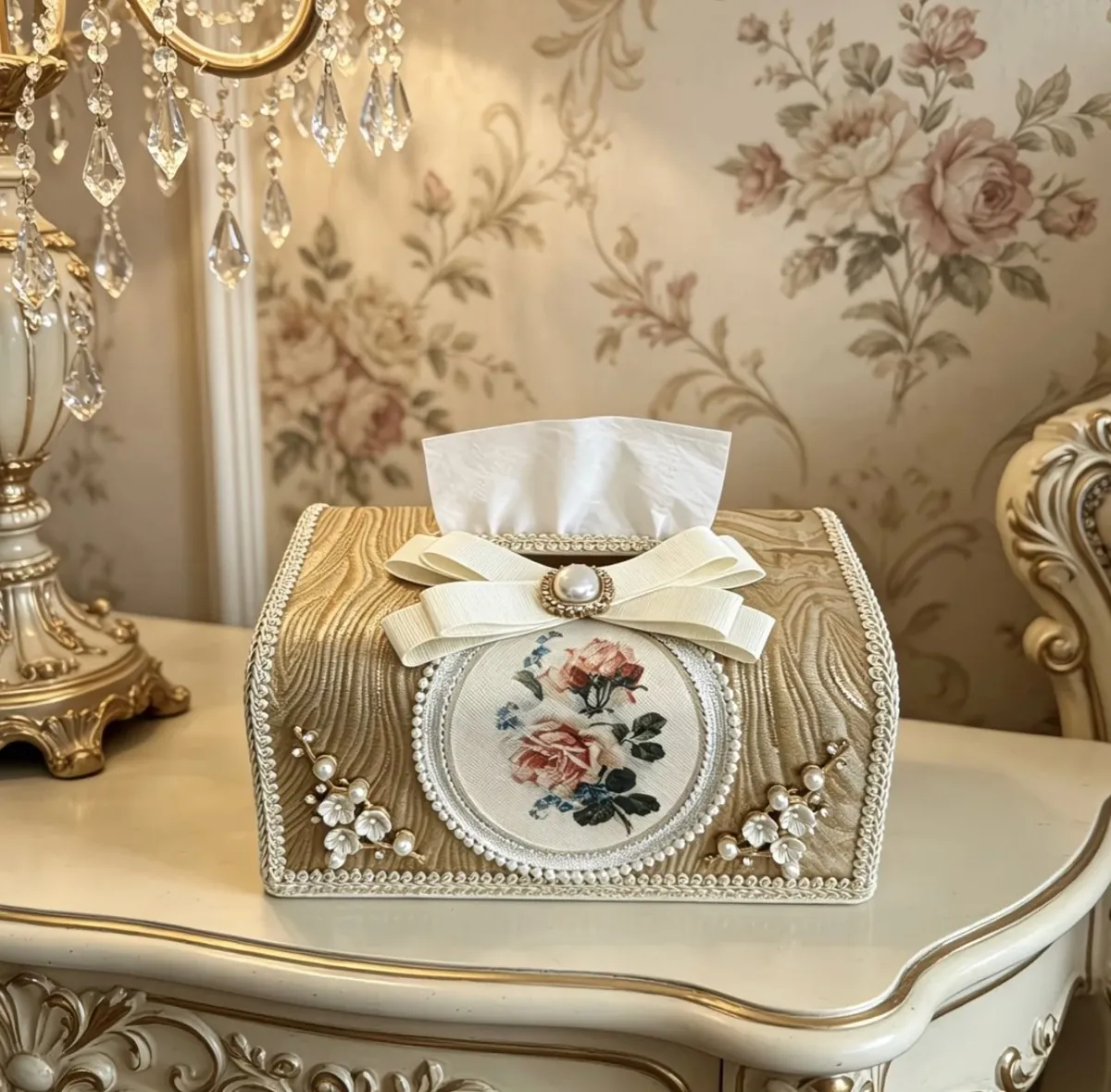 Luxury Lace Tissue Box Cover with Pearl Handle
