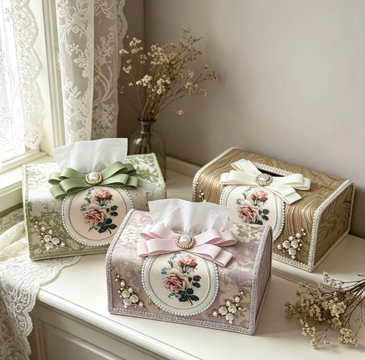 Luxury Lace Tissue Box Cover with Pearl Handle