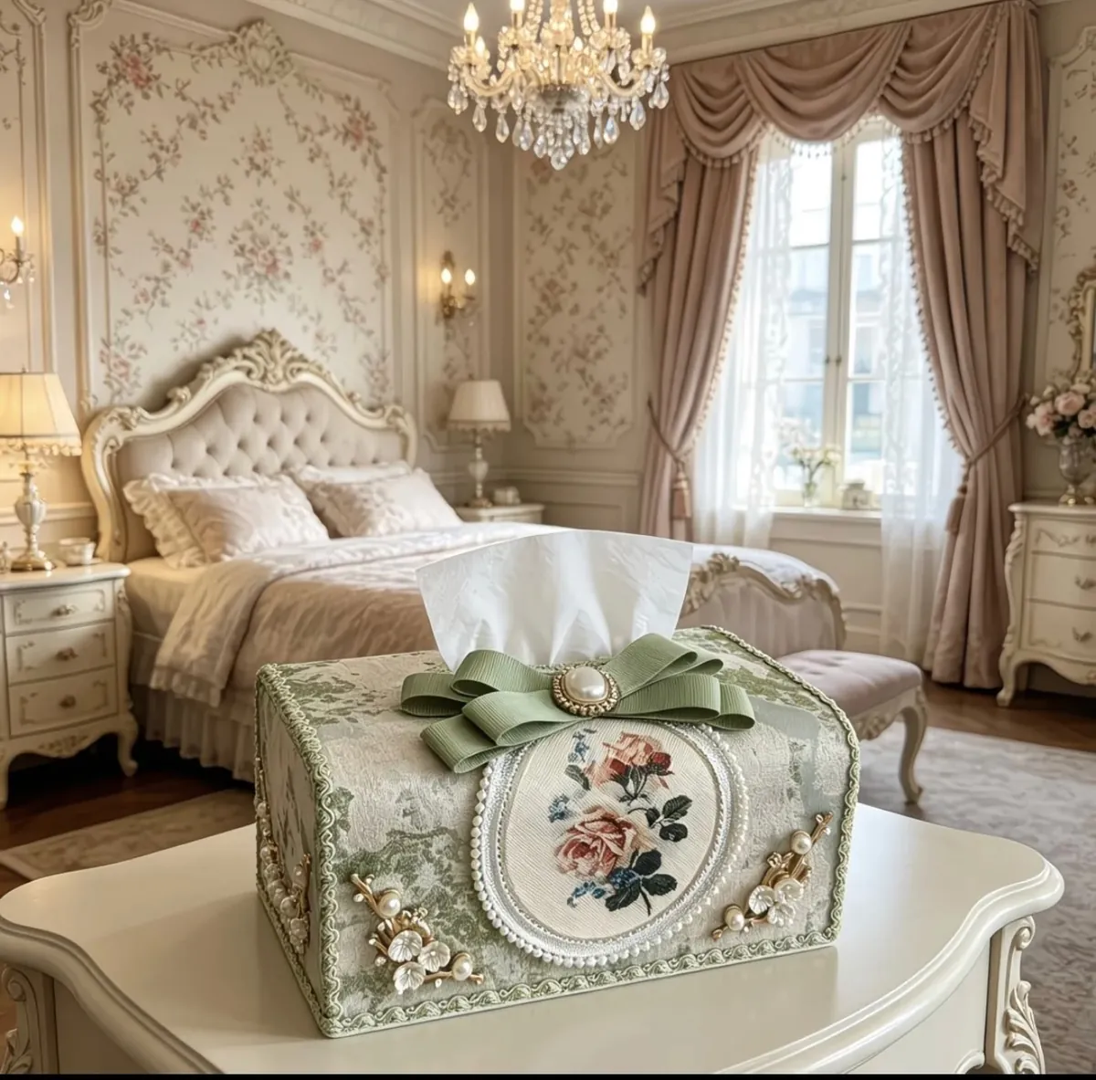 Luxury Lace Tissue Box Cover with Pearl Handle