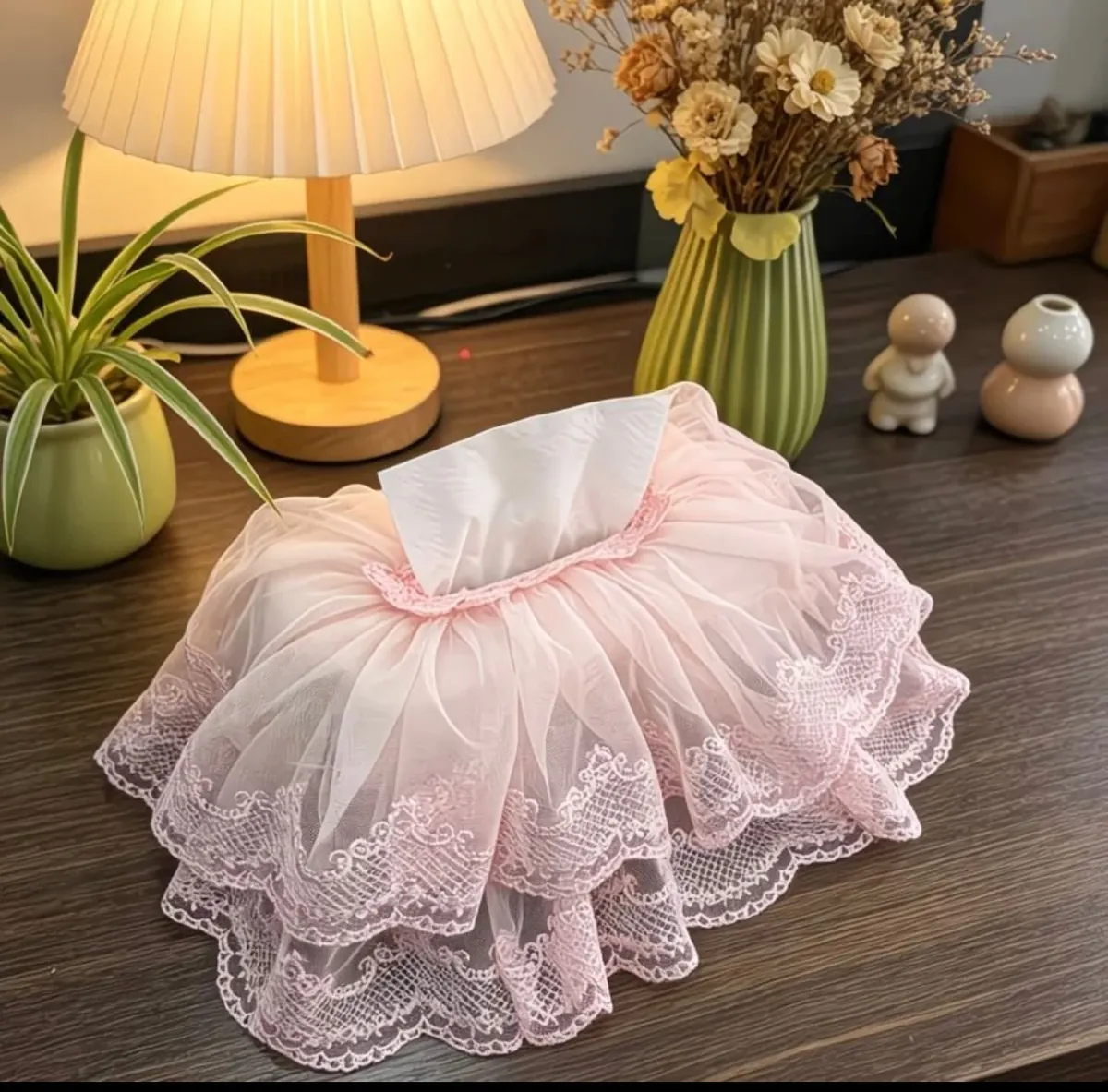Luxury Lace Tissue Box Cover with Pearl Handle