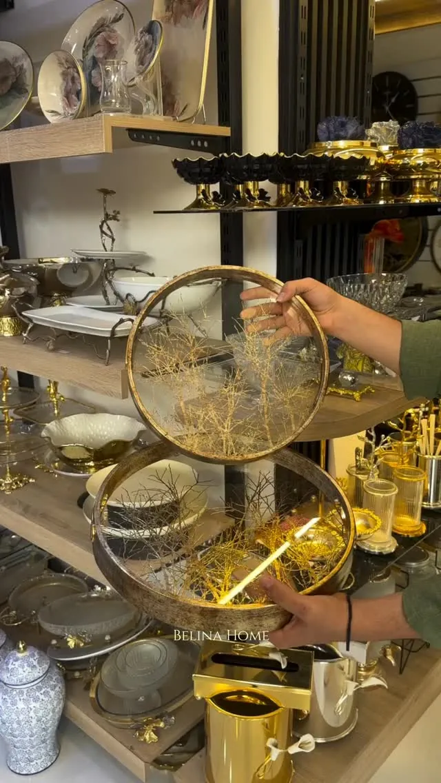 Decorative Round Tray with Dried Branches
