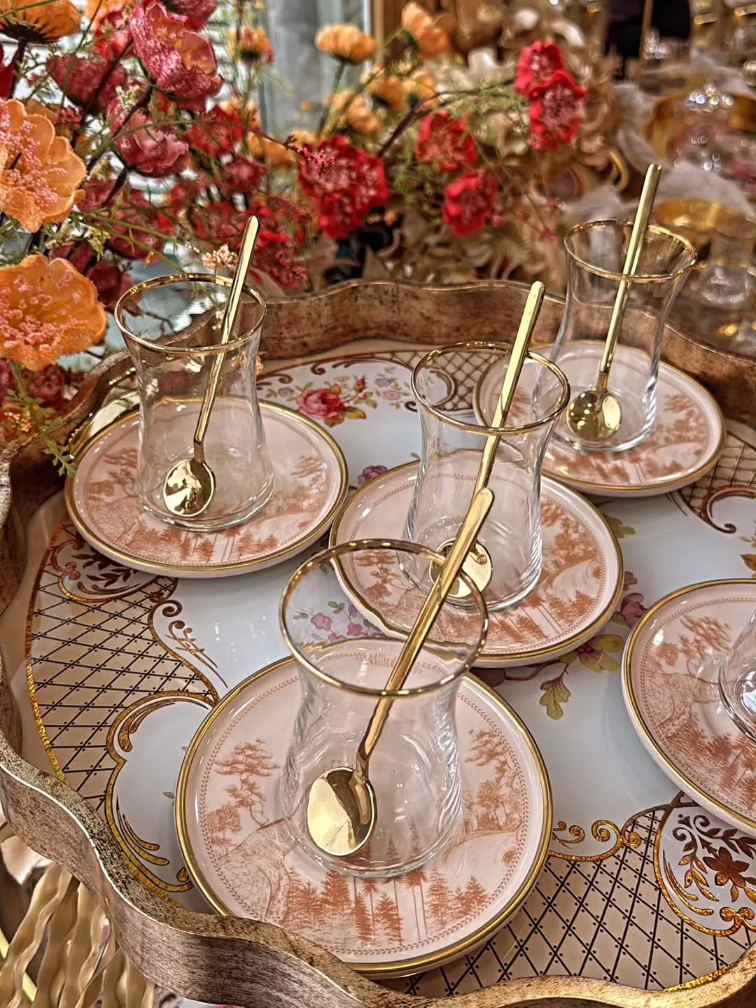 Turkish Design Tea Glass Set with Saucer and Spoon