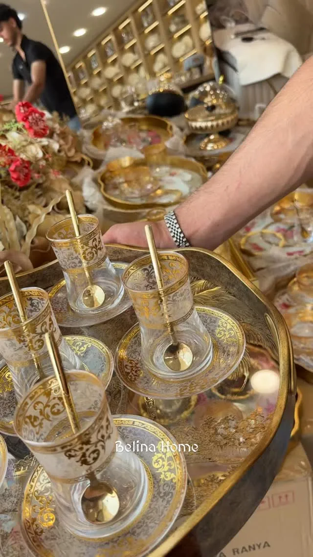 Gold Patterned Glass Cup and Saucer Set with Spoons