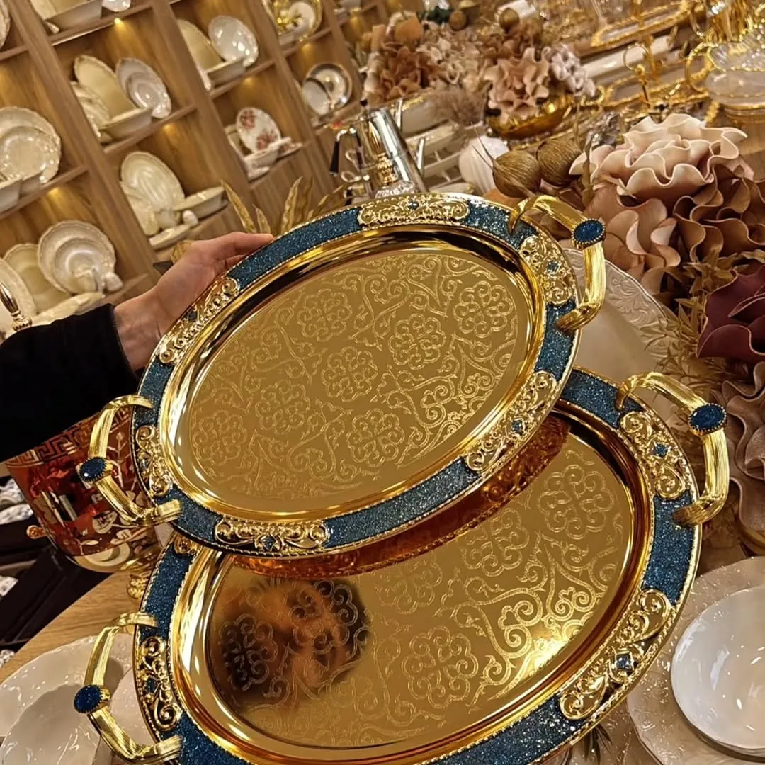 Gold and Blue Ornate Serving Trays