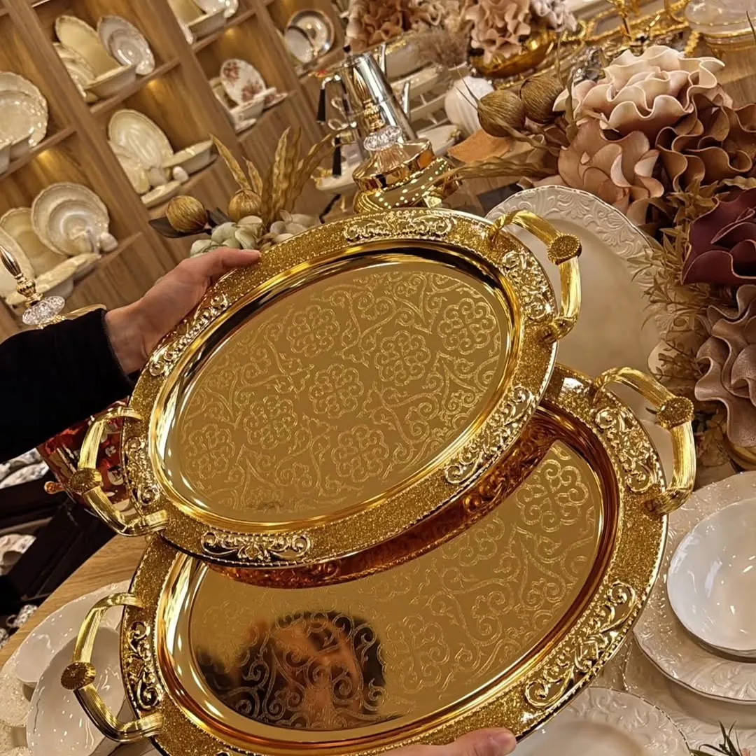 Gold and Blue Ornate Serving Trays