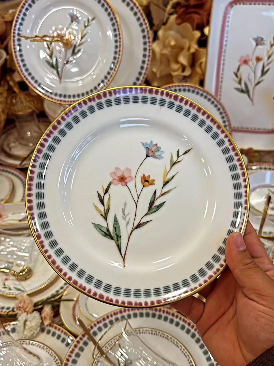 Floral Pattern Dinnerware Set with Gold Rim