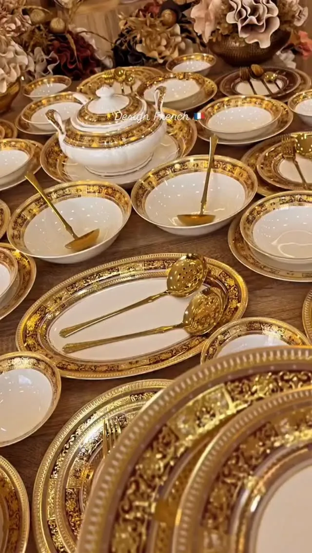 French Style Gold and White Porcelain Dinnerware Set