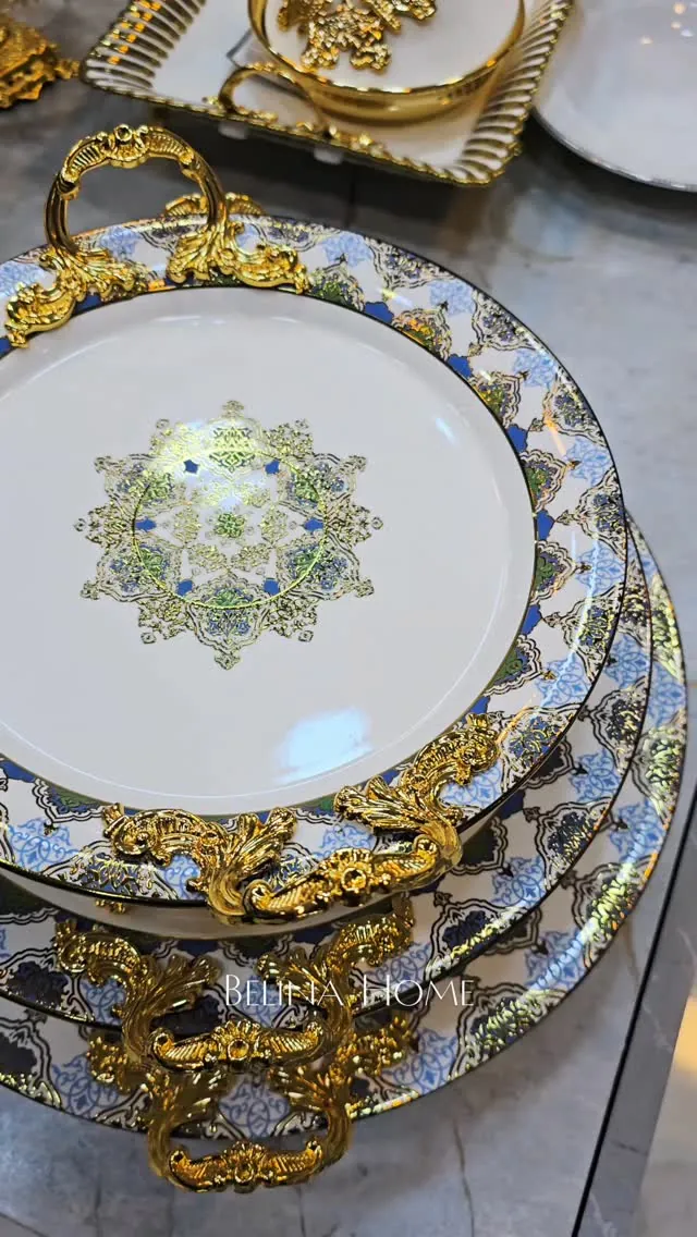 Decorative Serving Tray with Gold Handles