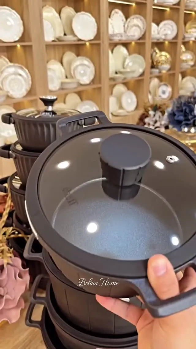 Black Ribbed Cooking Pot with Glass Lid
