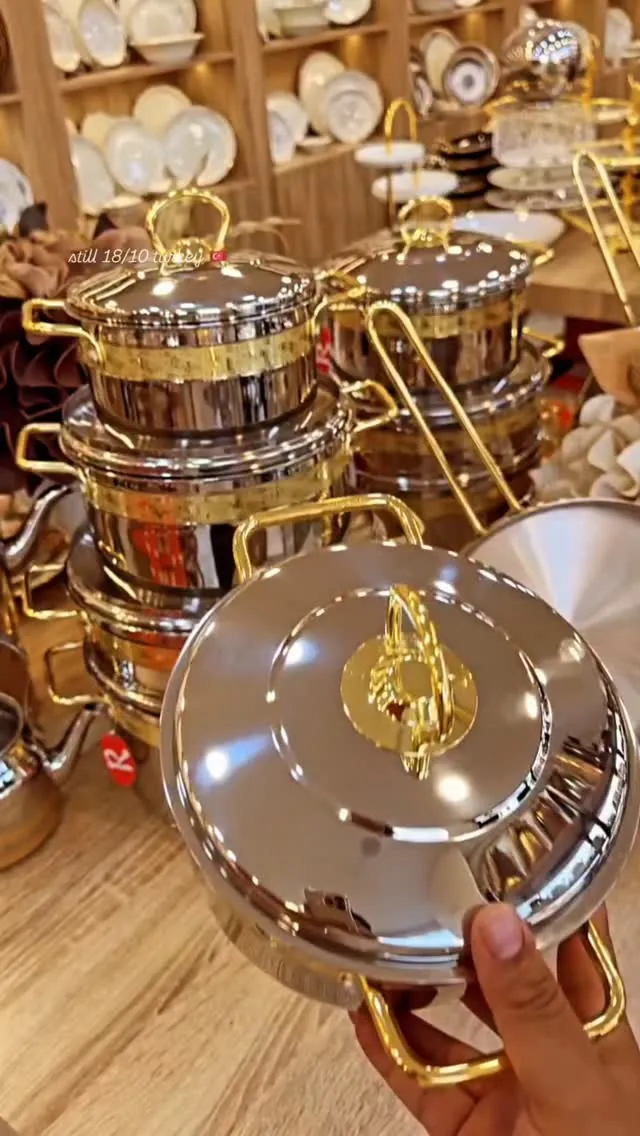 Stainless Steel Cooking Pot Set with Gold Handles
