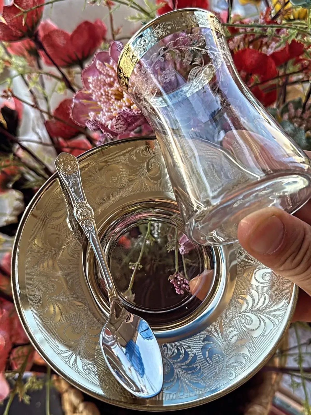 Engraved Glass Tea Set with Saucer and Spoon