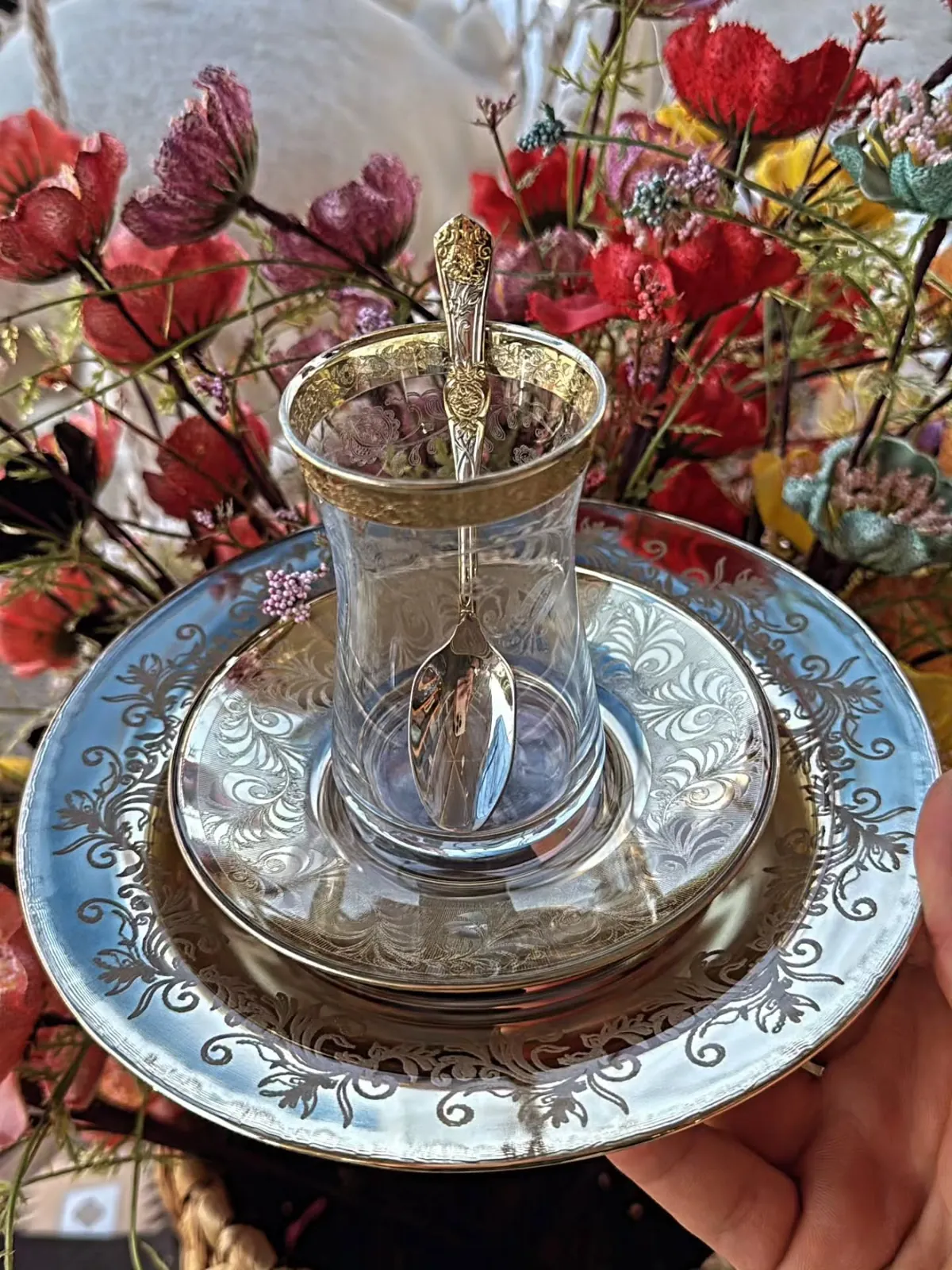 Engraved Glass Tea Set with Saucer and Spoon