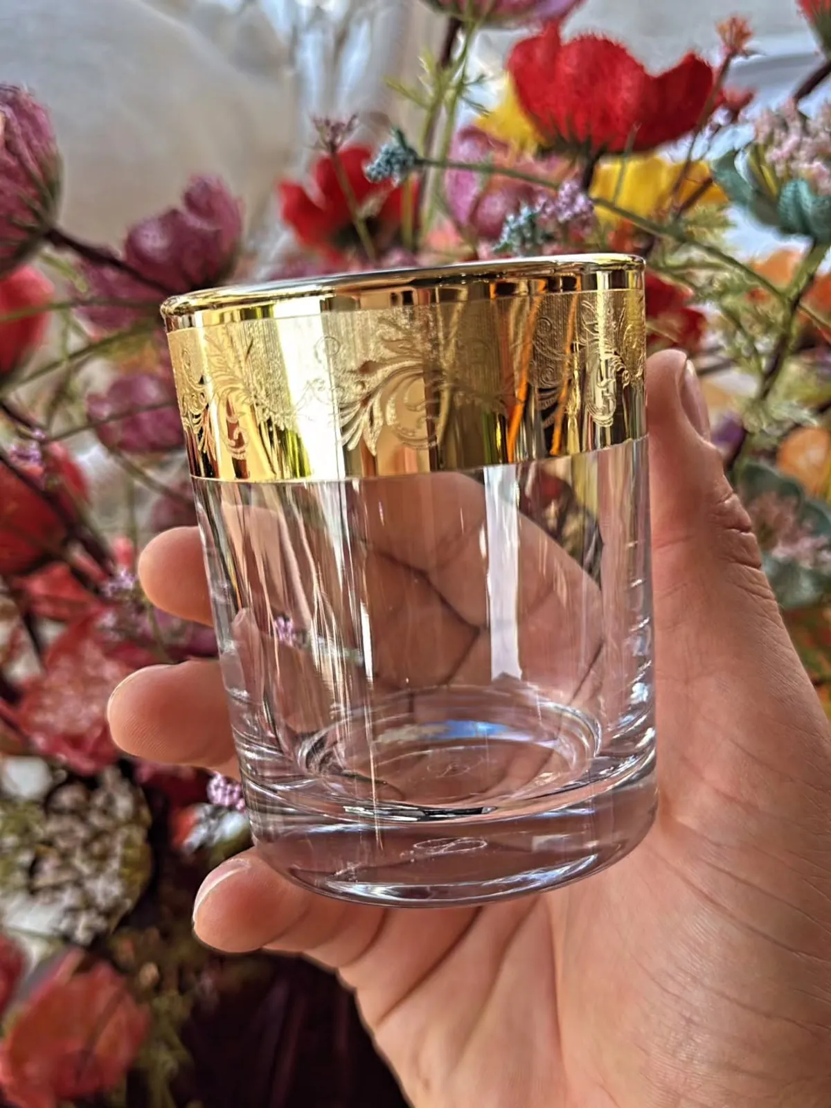 Engraved Glass Tea Set with Saucer and Spoon