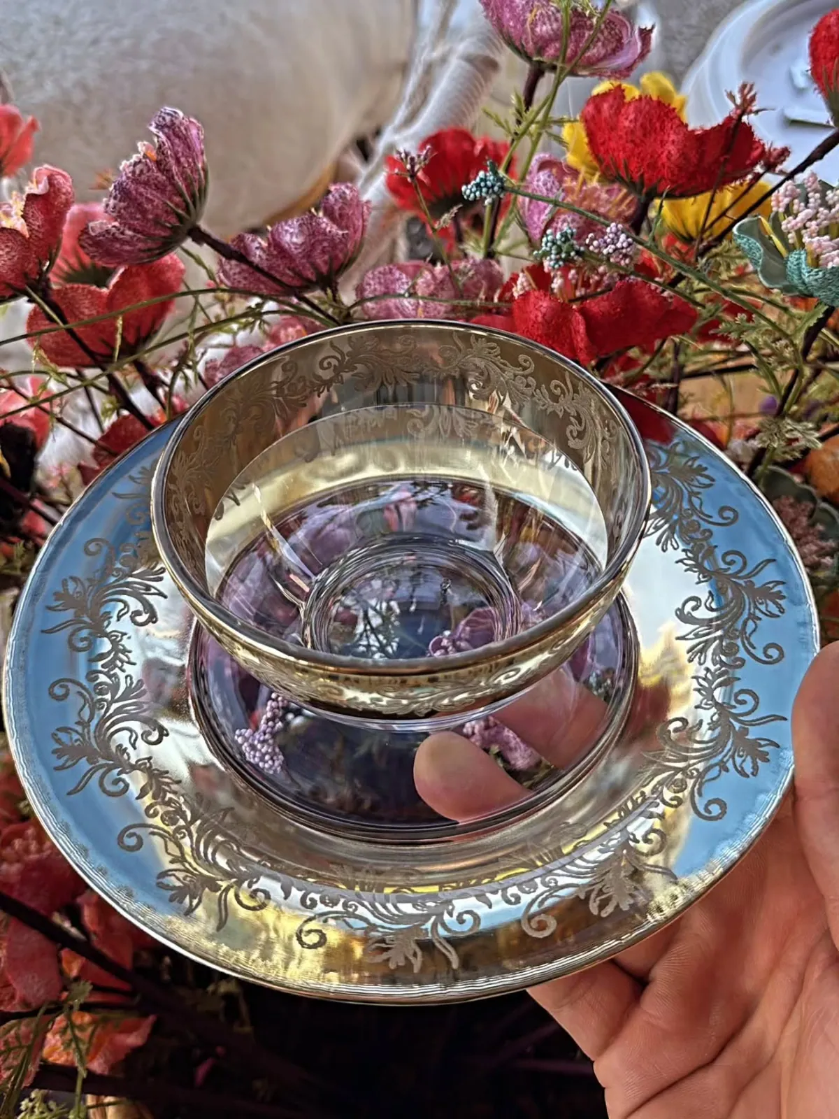Engraved Glass Tea Set with Saucer and Spoon