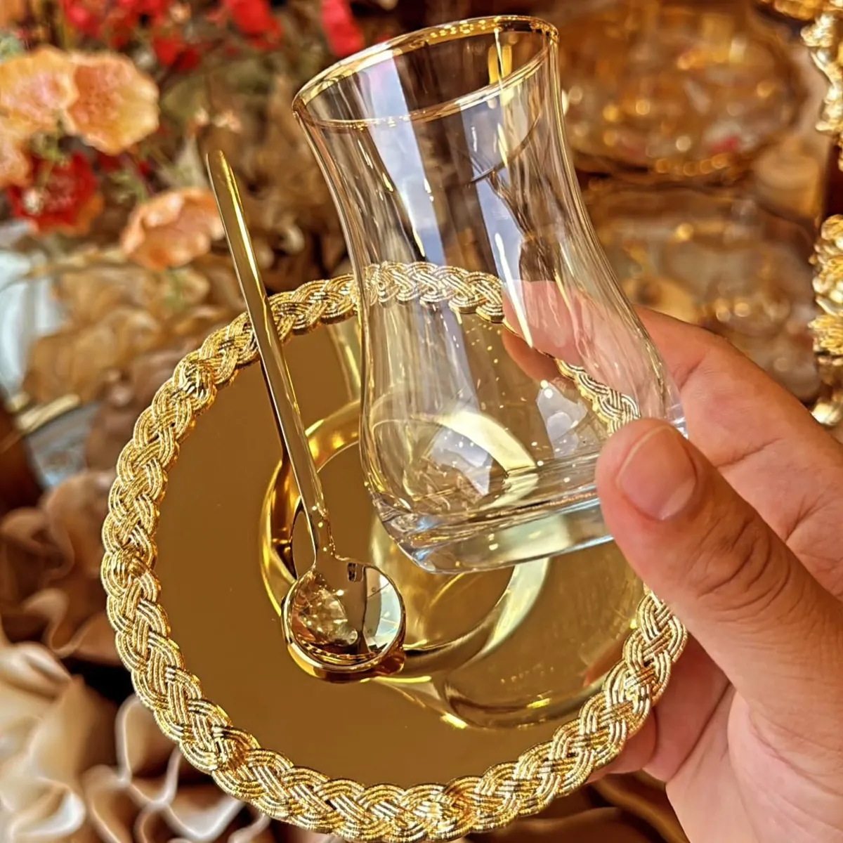 Luxury Gold Rimmed Glass Cup with Saucer and Spoon
