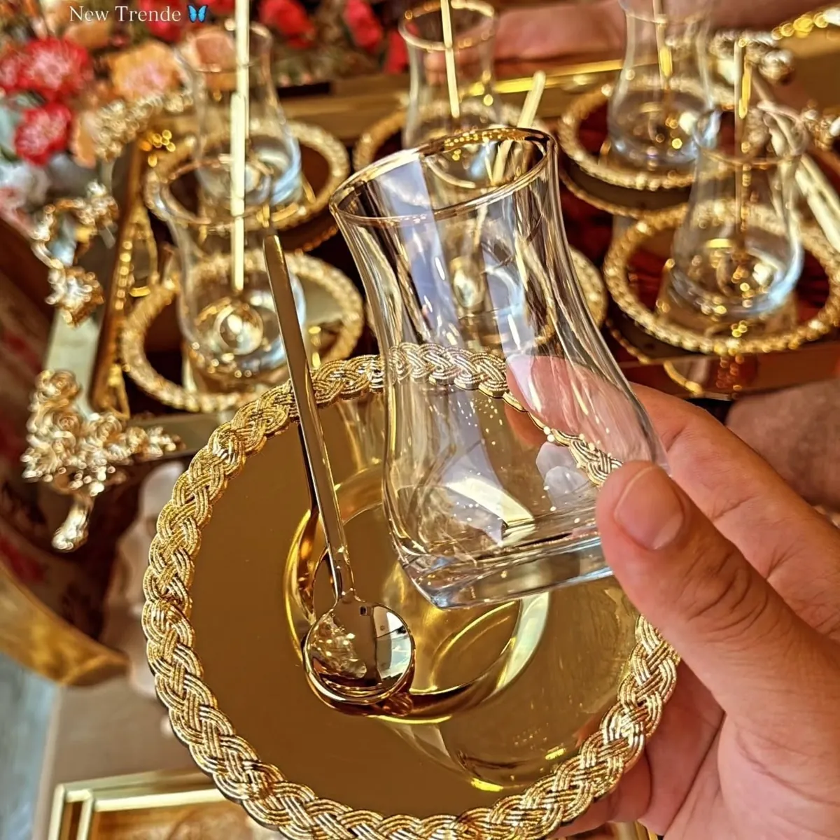 Luxury Gold Rimmed Glass Cup with Saucer and Spoon